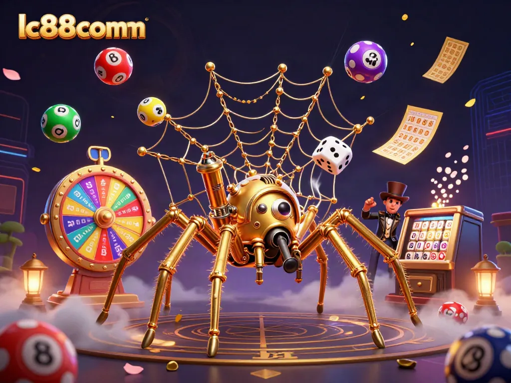 Engage with lc88comm's exciting casino experience featuring vibrant lottery balls and a steampunk spider.