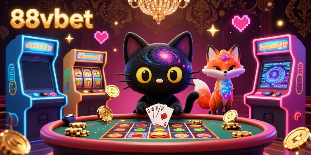 Experience the thrill with 88vbet at an electrifying slot table as a cartoon black hole cat attracts chips and cards.
