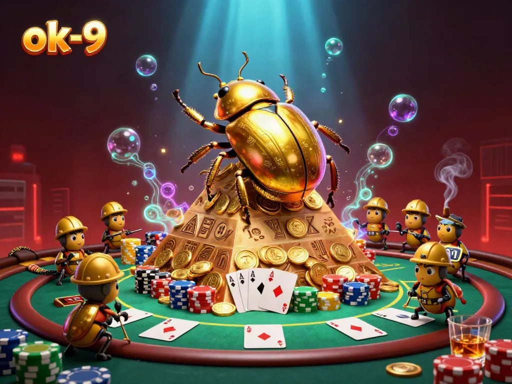 Experience the excitement of gaming at ok-9 with vibrant casino scenes featuring golden beetles and poker symbols.