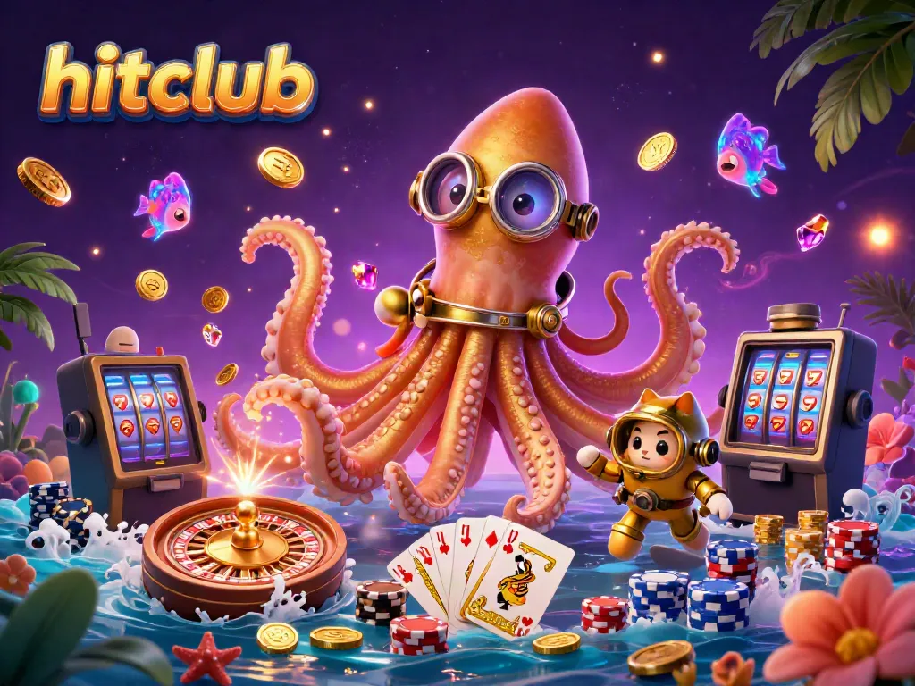 Hitclub showcases a kraken and a diving cat amid a vibrant casino-themed treasure scene, featuring coins and gems.