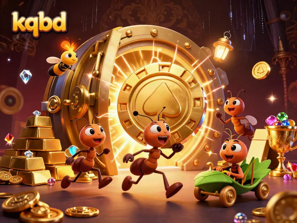 Engaging kqbd scene of cartoon ants carrying an oversized poker chip amidst treasures and vibrant effects.