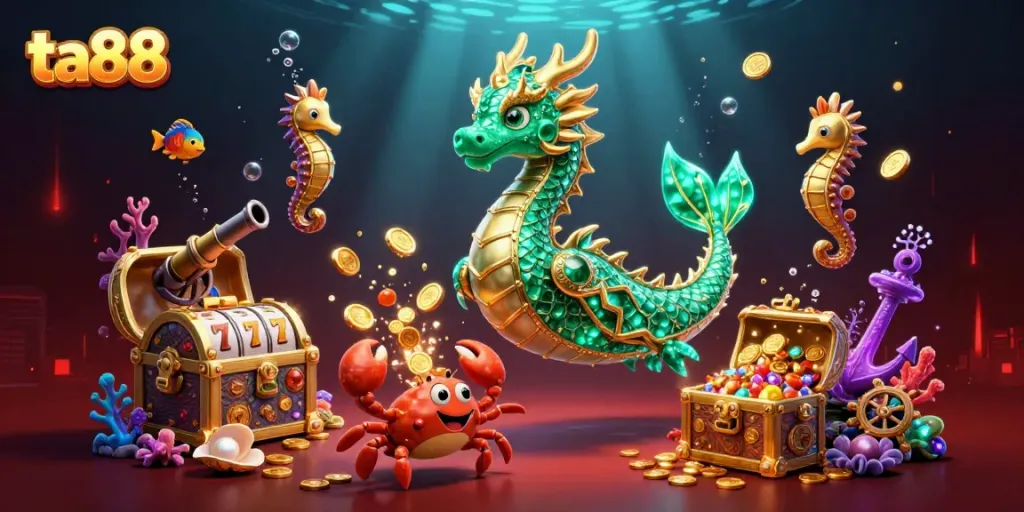 Engage with the vibrant world of ta88, featuring a majestic sea dragon and dazzling casino elements.