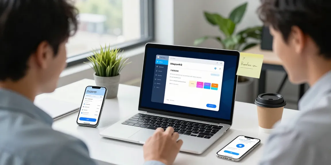 Configuring Telegram中文 settings in a modern tech workspace with laptops and smartphones.