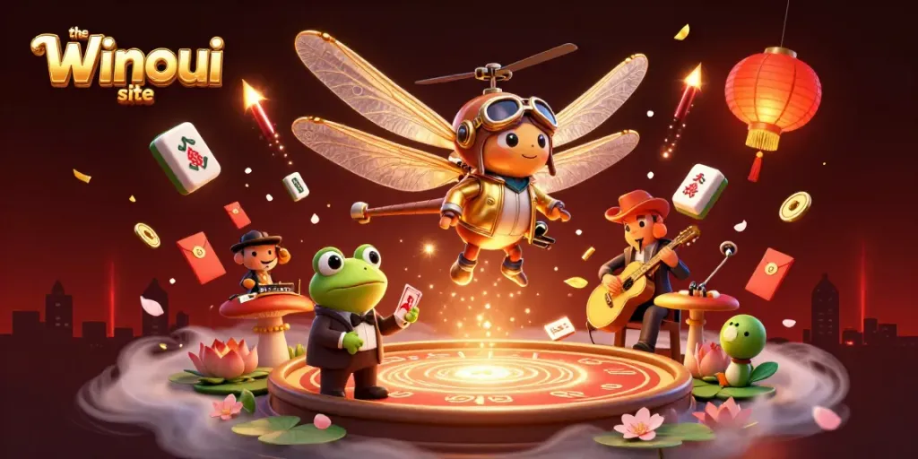 Experience thrilling action at the Winoui site with a dynamic casino scene featuring a dragonfly pilot and frog croupier.