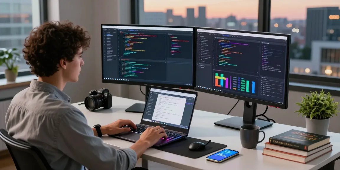 WPS Download in a modern tech workspace showing code on dual monitors and a developer at a standing desk, engaging in innovative work.