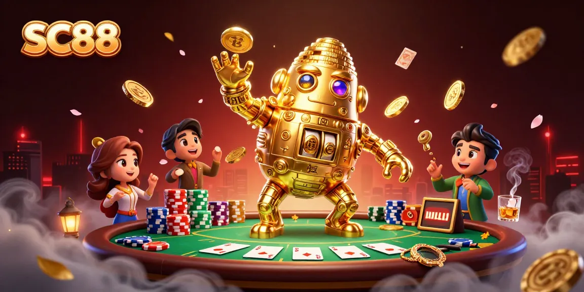 Experience thrilling gameplay with SC88 featuring a golden golem amidst poker chaos.
