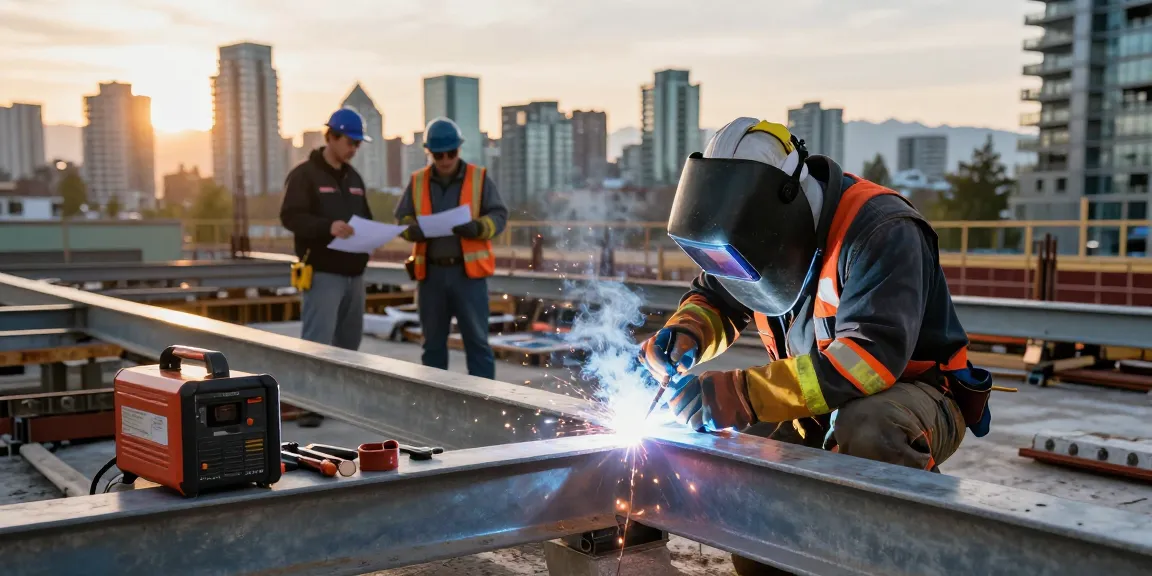 Welding in Vancouver, skilled welder working on structural steel beams at urban construction site.
