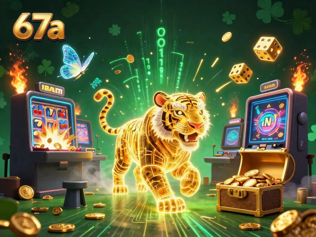 Experience thrilling jackpots at 67a with vibrant slots and a golden tiger amid a dazzling casino landscape.