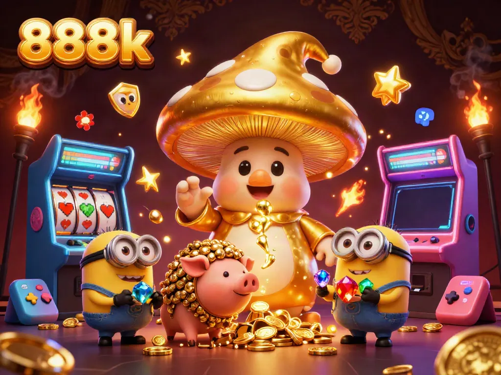 Experience the magic of winning at 888k with a golden mushroom wizard and treasure-filled scene.