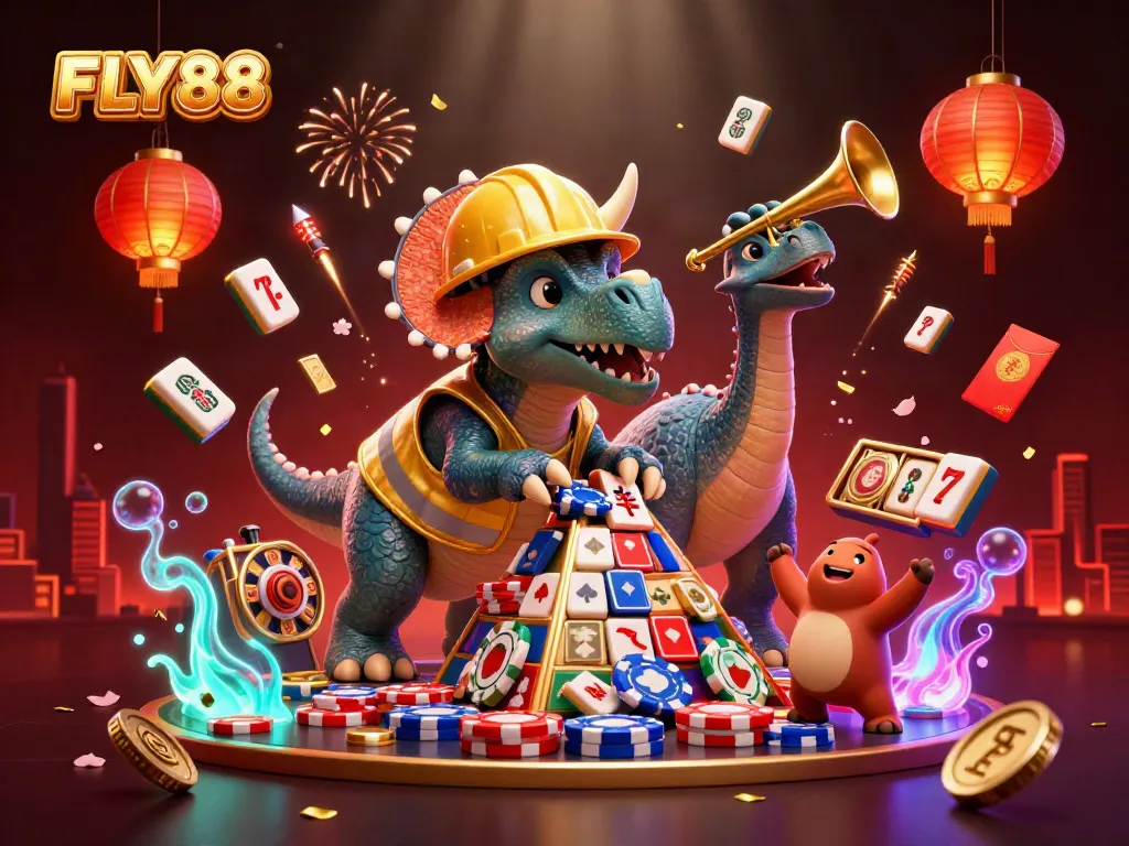 FLY88 brings excitement with a lively 3D casino illustration featuring playful characters and game elements.