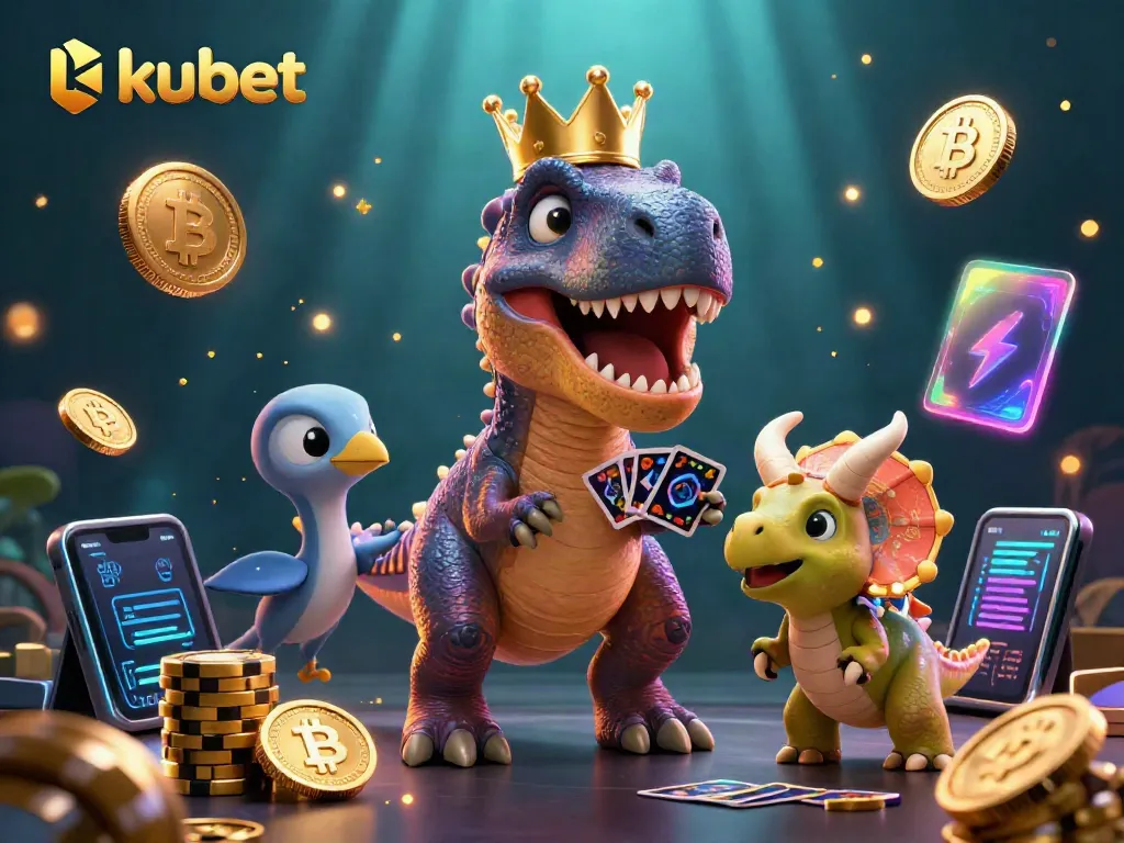 Engage with kubet through vibrant 3D cartoon characters in a lively casino scene, showcasing cards and chips.