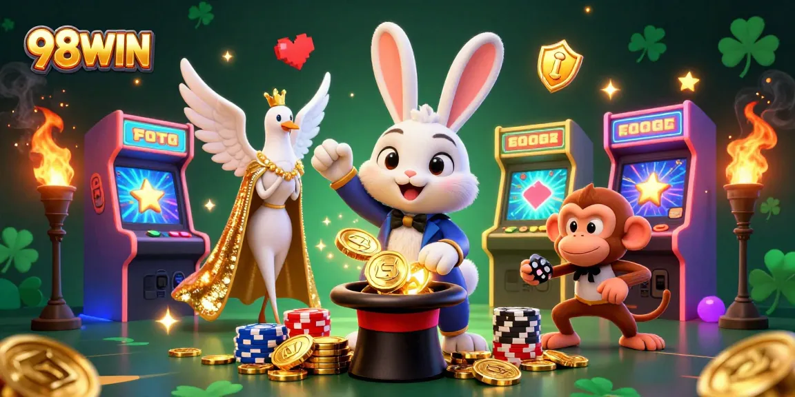 Spin and win with 98WIN's vibrant casino magic, featuring a playful rabbit, dove, and monkey.