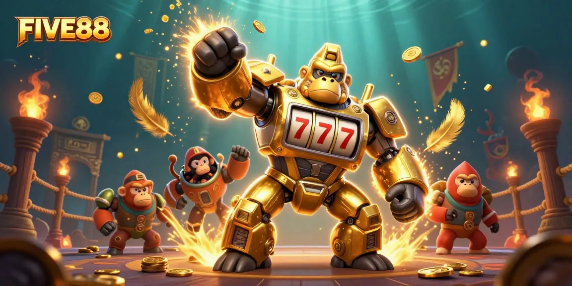Engage with FIVE88's golden gorilla mech, a thrilling slots experience in 3D.