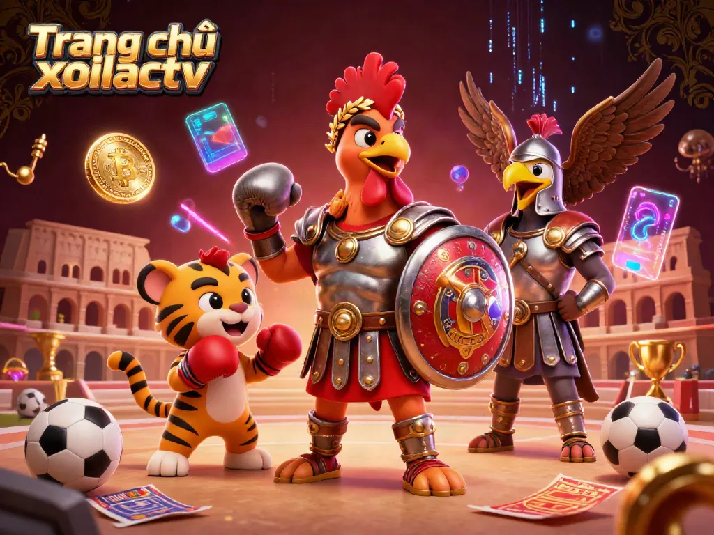 Experience the excitement of Trang chủ xoilactv with a dynamic illustration of a 3D rooster gladiator in action.