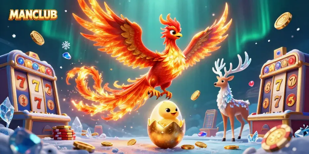 Engage in thrilling casino action with the MANCLUB phoenix and mystical stag amidst vibrant gaming elements.