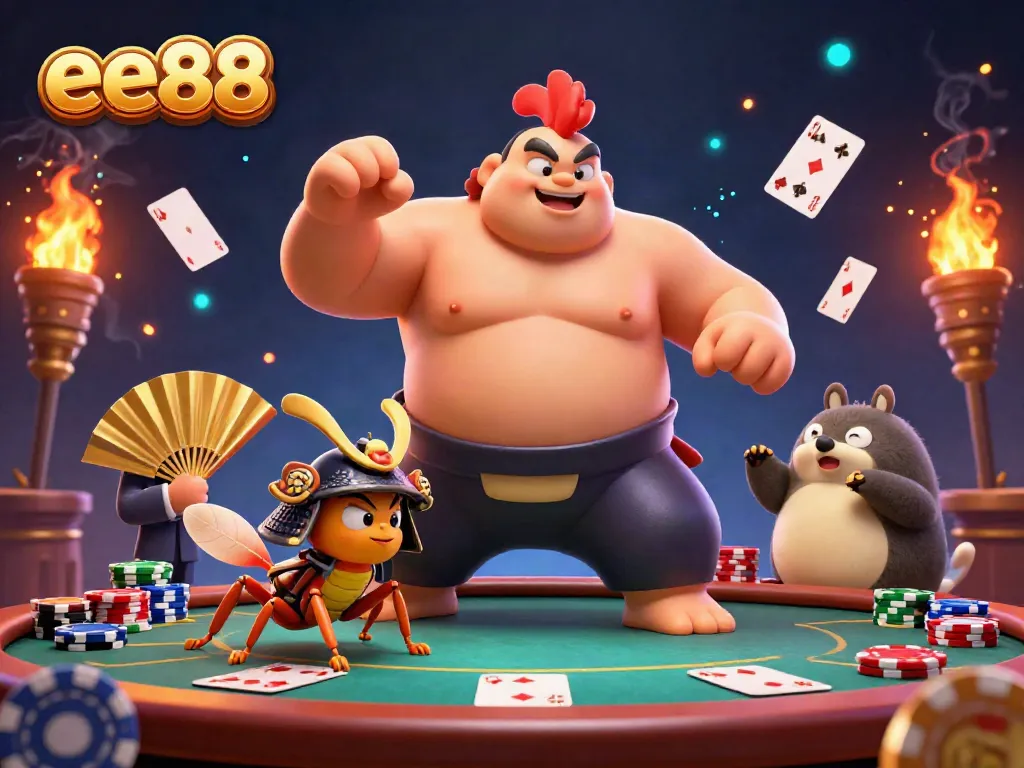 Witness the exciting action at ee88 poker with dynamic characters, floating cards, and vibrant casino elements.