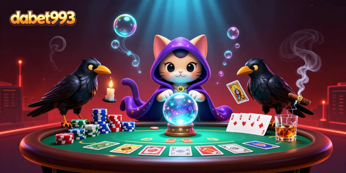 Engage with dabet993 as a cat fortune teller mingles with glowing tarot cards under captivating lights.
