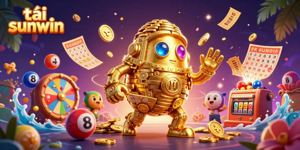 Experience excitement with tải sunwin during vibrant gameplay filled with colorful lottery elements and a golden golem.