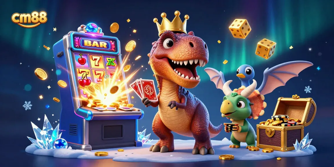 Experience cm88's vibrant casino culture with a T-Rex shuffling cards amid golden treasures.