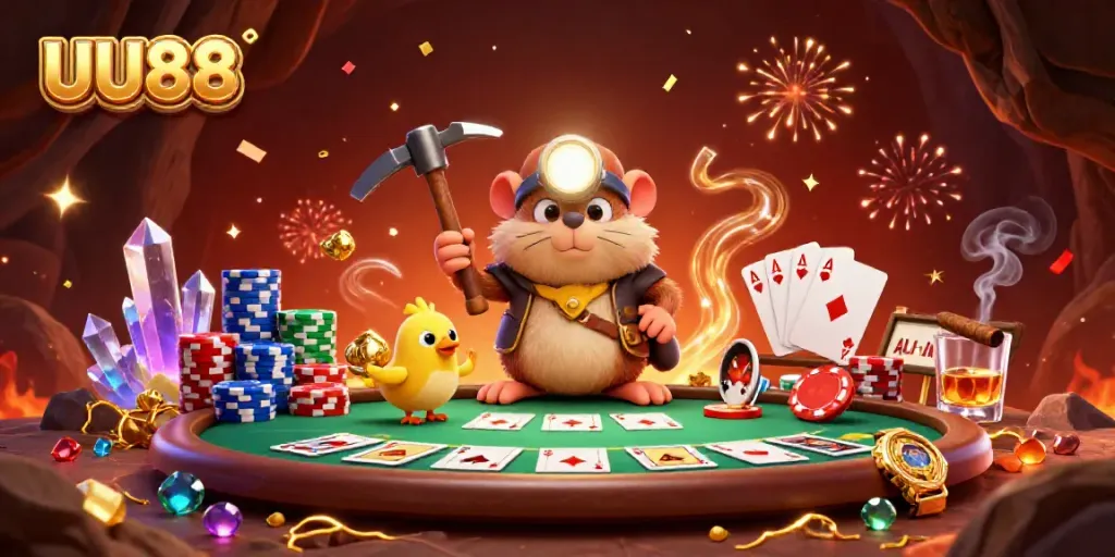 Join the adventure with UU88 as the treasure hunter mole and canary uncover hidden gems at a vibrant poker table.