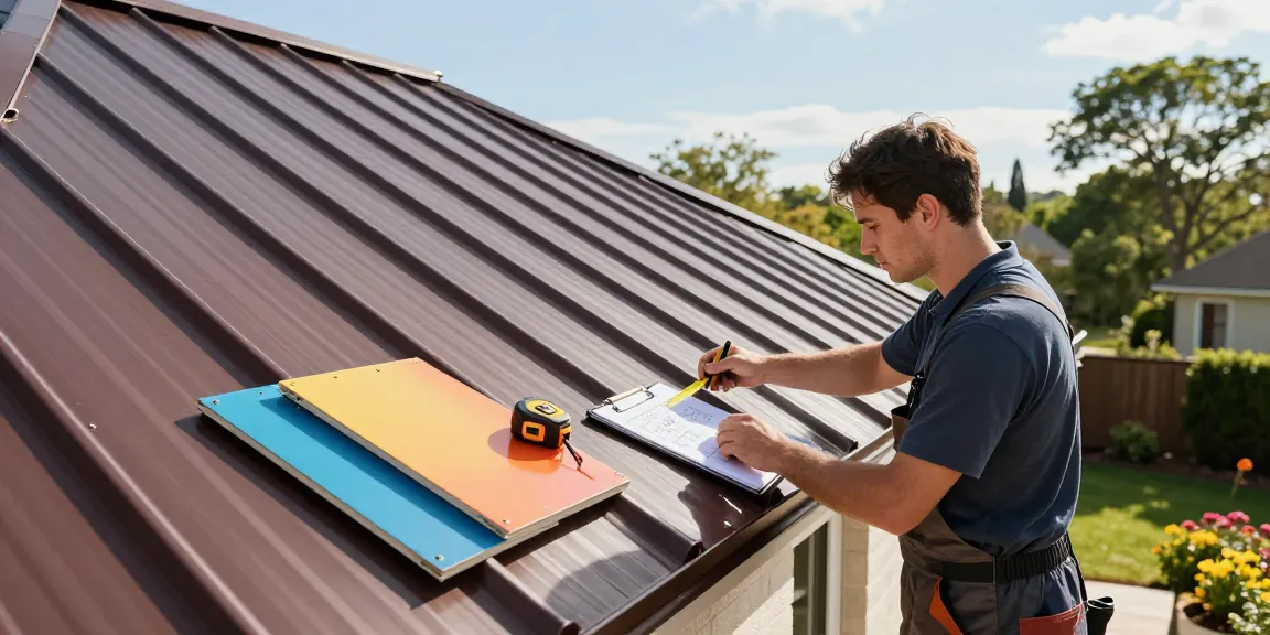 Metal roof contractor portfolio showcased through a professional inspecting a modern standing seam roof during a sunny day.