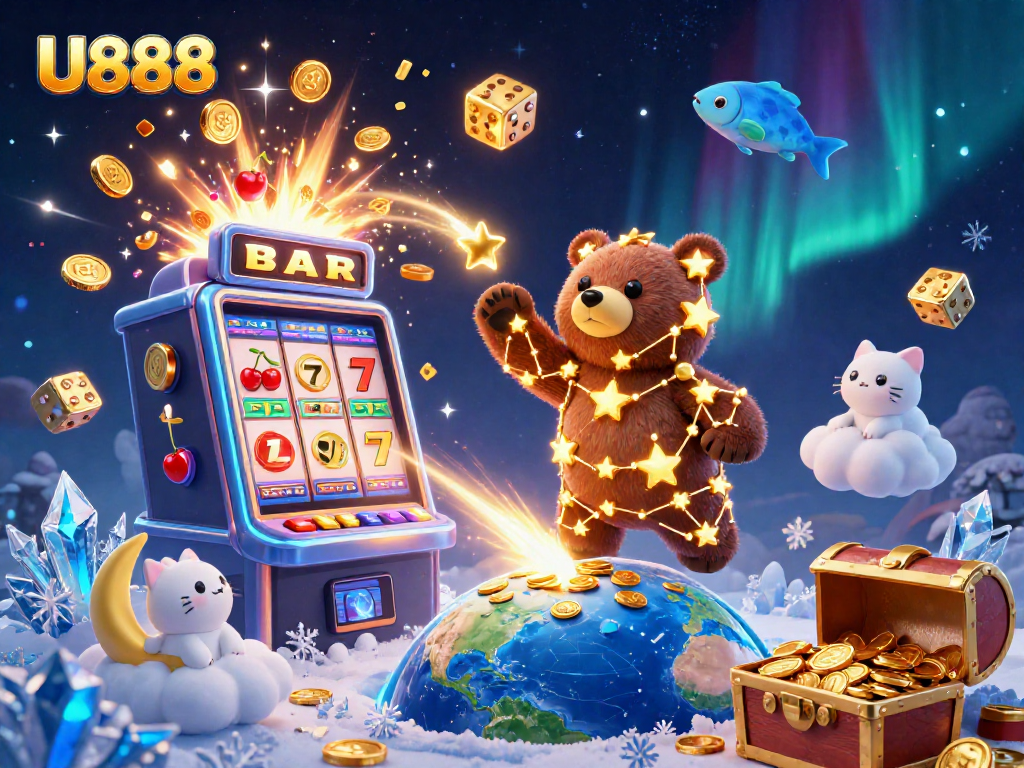 Join the excitement at U888 with a vibrant casino adventure amidst slots, coins, and shooting stars.