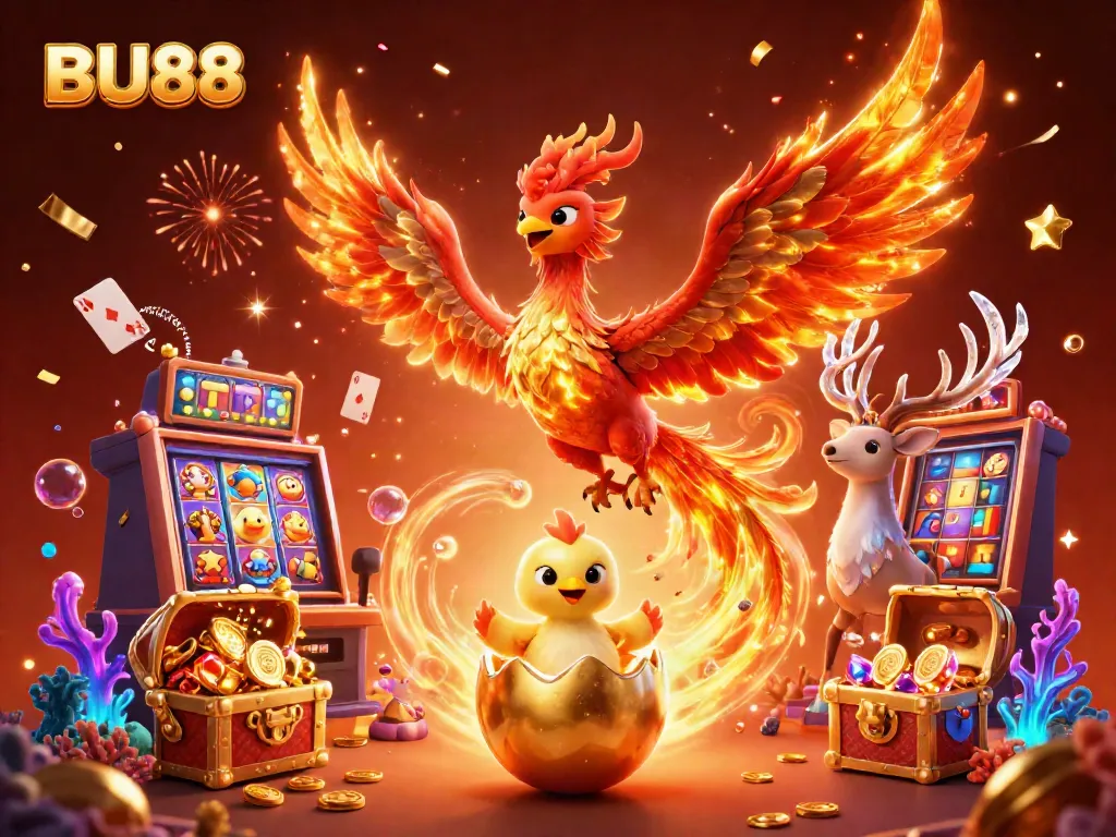 Experience BU88's thrilling gaming world with a vibrant phoenix and engaging slot elements.