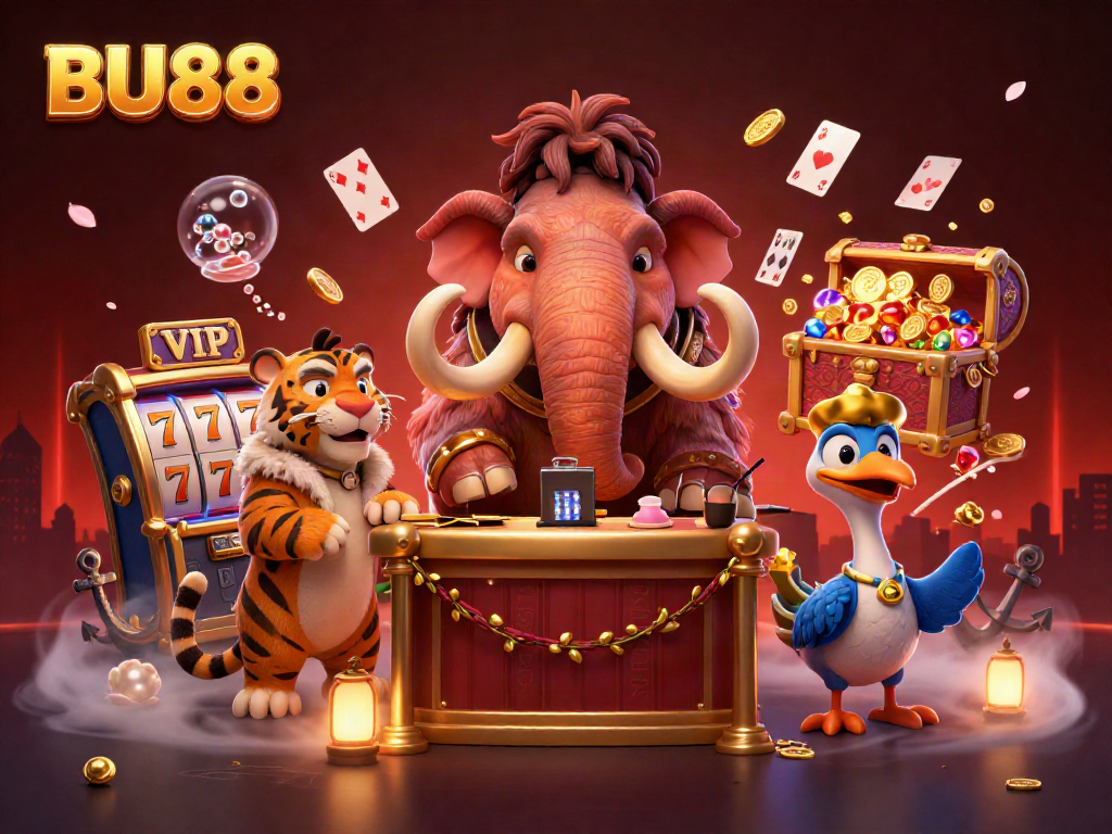 Experience BU88 with a vibrant casino scene featuring unique characters and dynamic game elements.