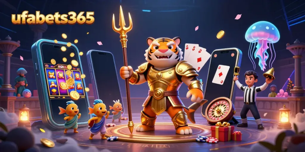 Experience thrilling slots and underwater adventures with ufabets365 in this vibrant digital illustration.