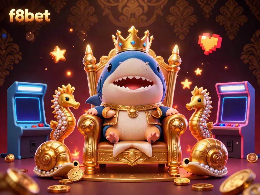Engage in thrilling casino adventures with f8bet through this colorful cartoon scene featuring a hamster king surrounded by gaming elements.