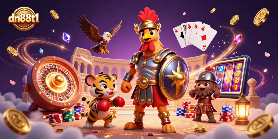 Dive into d88t1 action with a gladiator rooster battling in a dynamic casino arena.