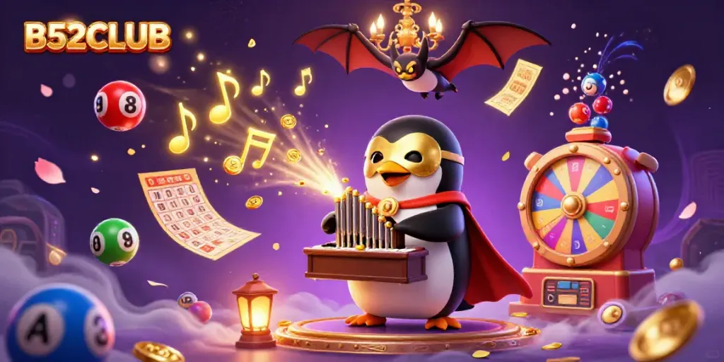 Engage with the exciting B52CLUB scene of a penguin playing an organ, surrounded by lottery elements.