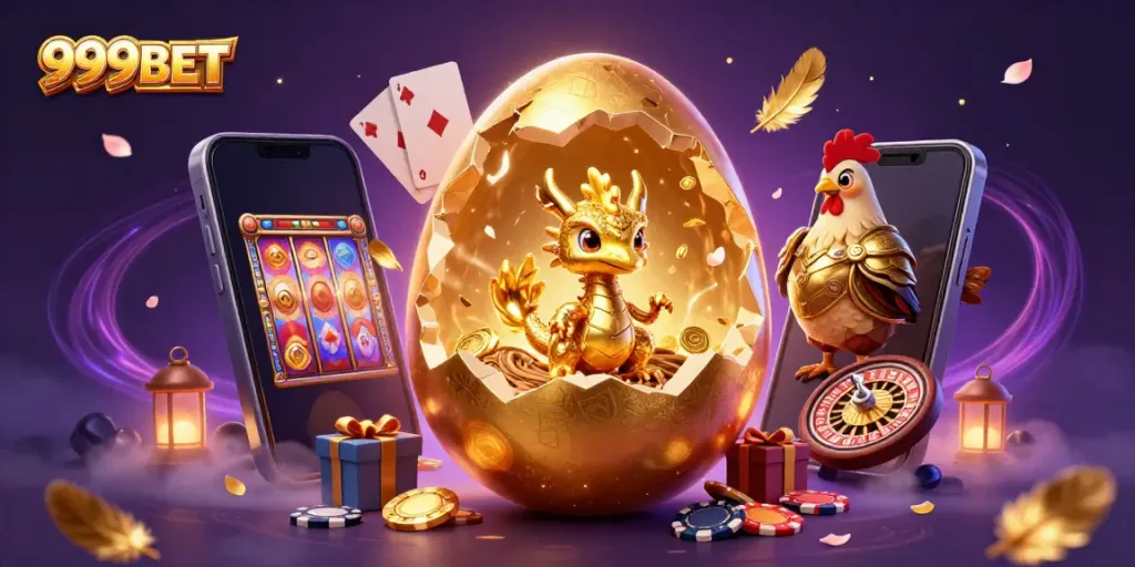 Experience the thrill of 999BET as a golden dragon emerges from a magical egg in a vibrant casino scene.