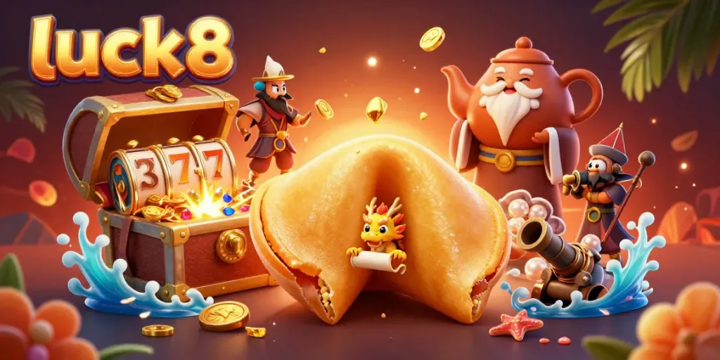 Engage in thrilling slot adventures with luck8's vibrant casino scene featuring a golden fortune cookie and playful characters.