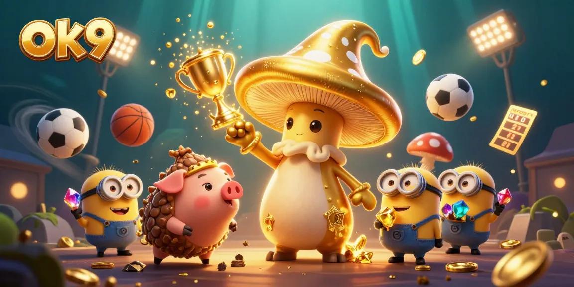 Experience thrilling sports betting with ok9's magical 3D casino illustration featuring gold and treasure.