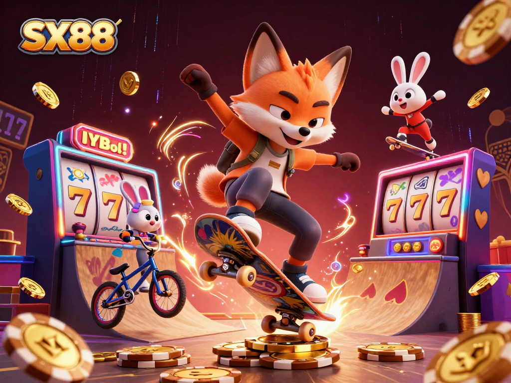 SX88 celebrates exciting gaming with a vibrant 3D fox and rabbit duo amidst casino symbols and slot elements.