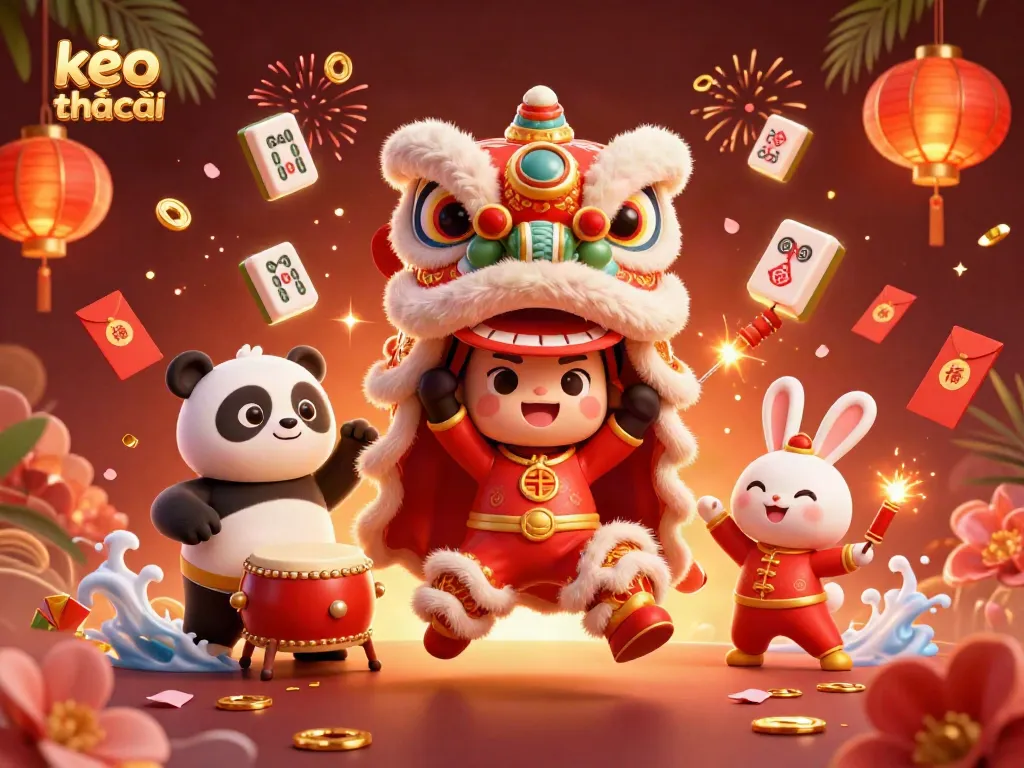 Engage with the lively kèo nhà cái scene showcasing a lion dance, panda, and rabbit, embodying excitement.