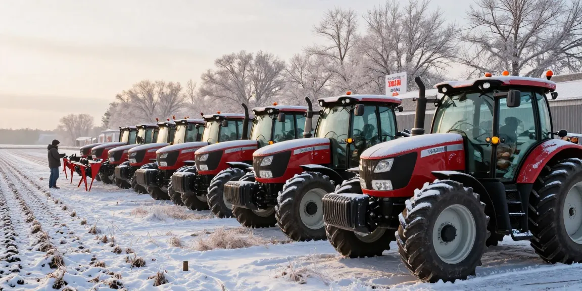 Aglist tractors displayed for sale in a snowy Canadian landscape showcasing specifications.