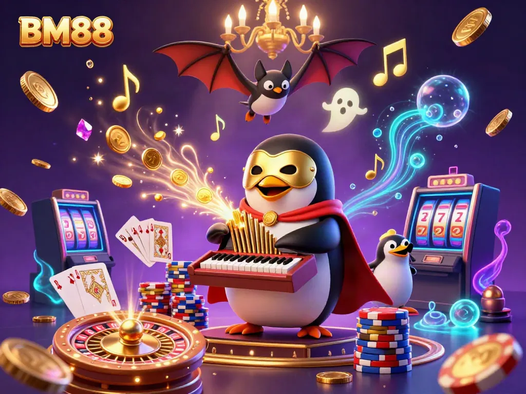 Experience the thrill of BM88 with a dynamic casino scene featuring golden musical notes, sparkling coins, and characters in action.