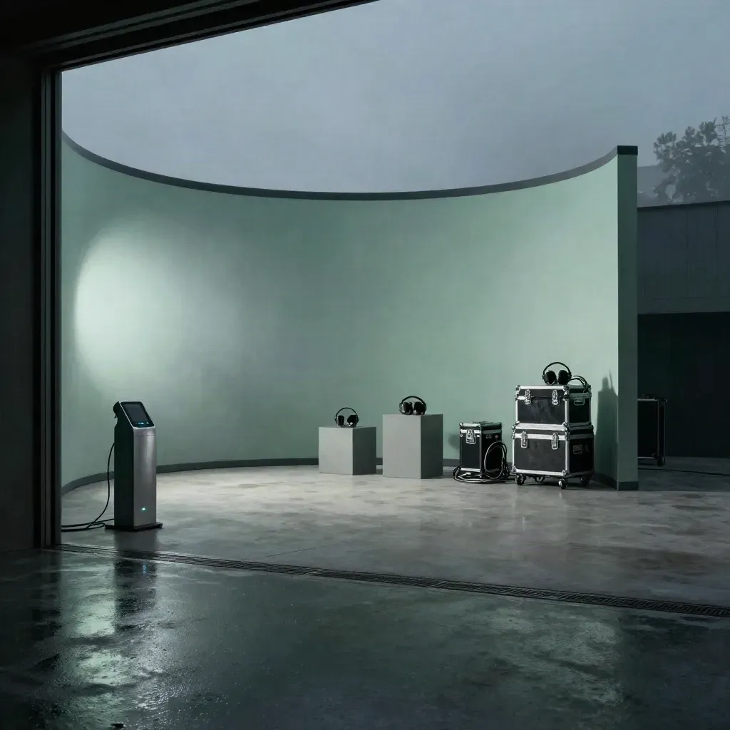 XR studio bay with projection wall, headset dock, modular sets, and cyan reflections at twilight