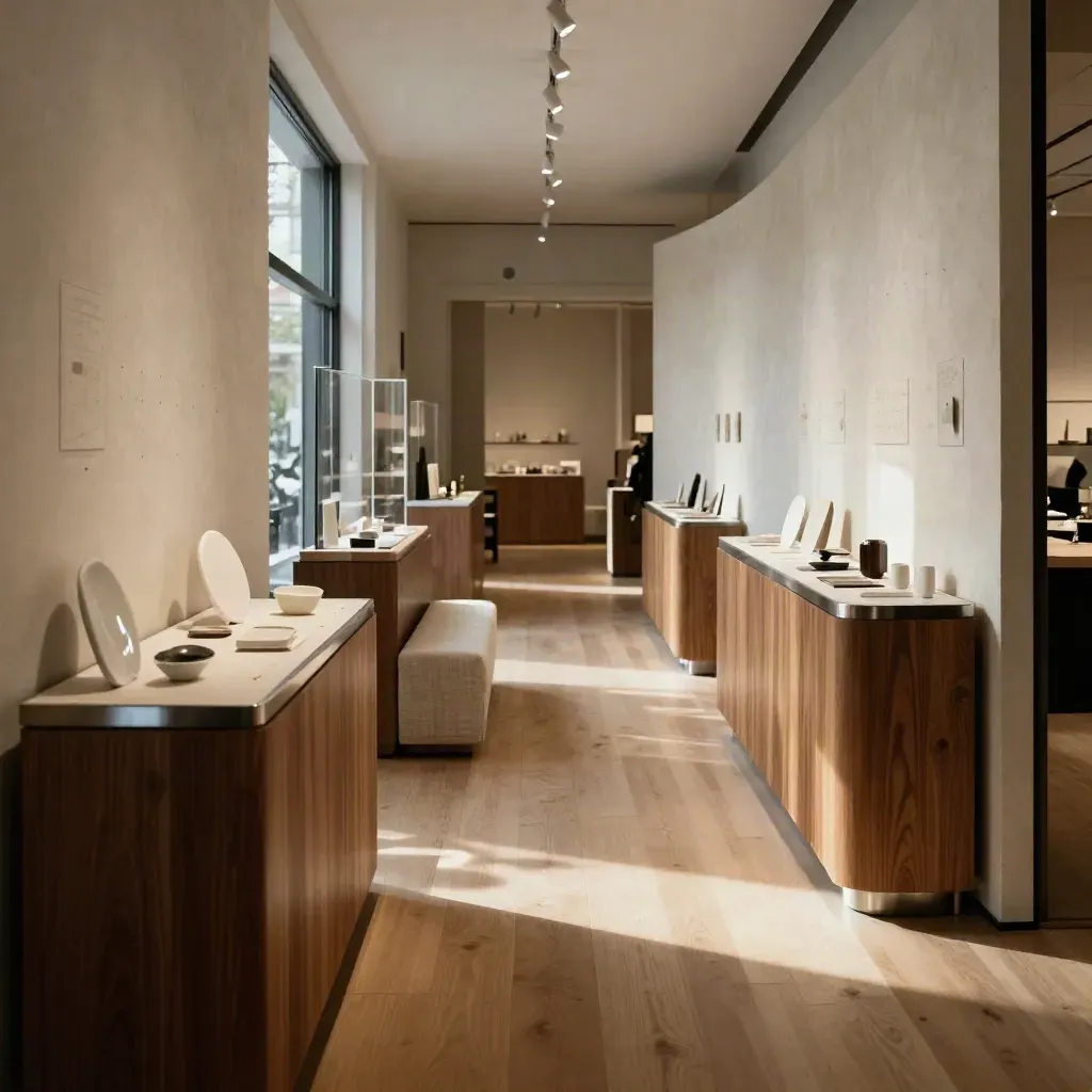 Warm interactive showroom aisle with modular pedestals and a curved display wall, lit by afternoon sun.