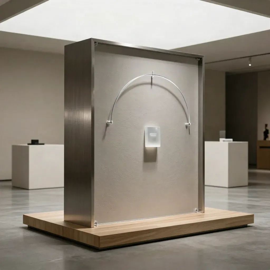 AR showroom plinth with acrylic guide arc and translucent markers in a bright concrete corner.