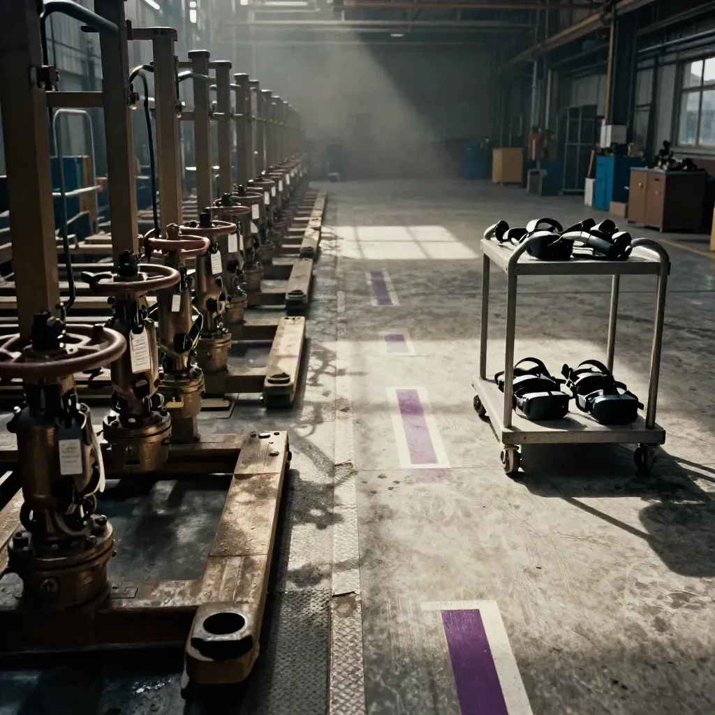 Industrial VR training bay with pallet racking, valve bank, and headset docks in cool workshop light