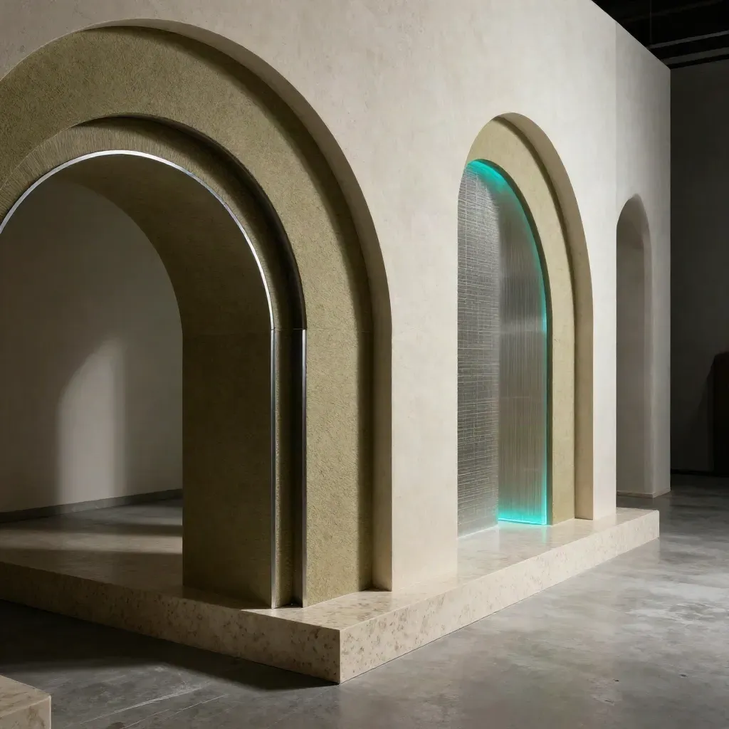 Macro of a layered experiential corridor with arches, scrims, and cyan edge light.
