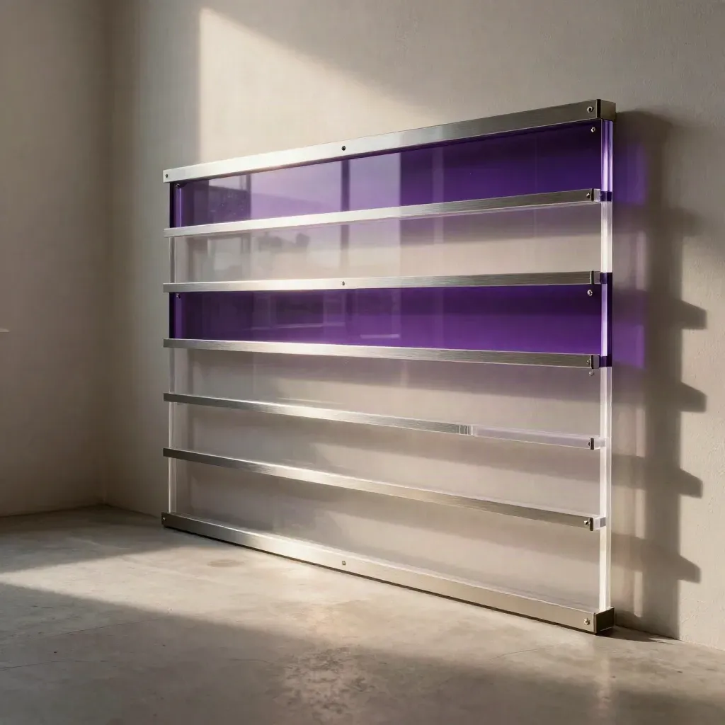 Studio corner with acrylic slats and timed light panels glowing in a motion-test wall.