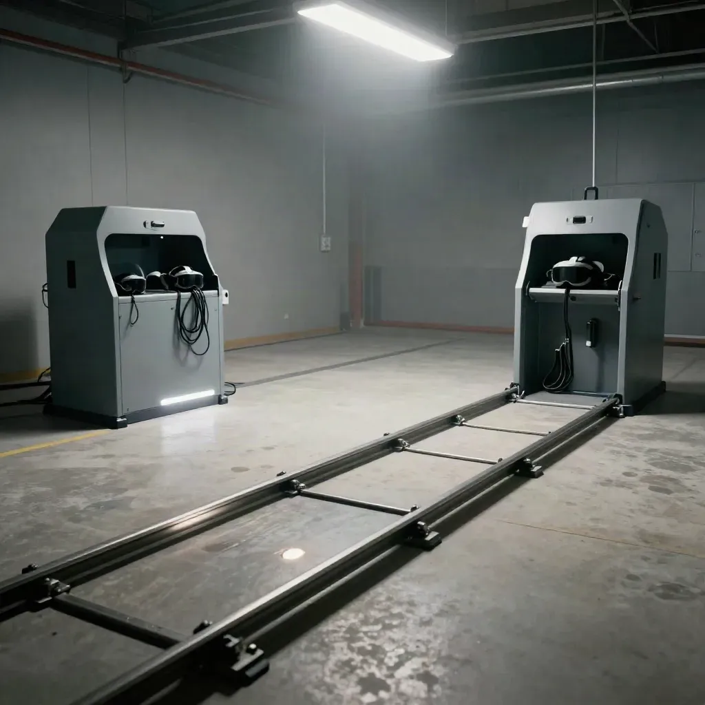 Empty VR safety training room with rails, machine mock-ups, and charging cabinet