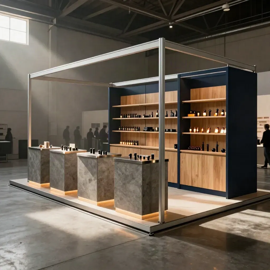 Empty trade-show booth with pedestals, demo pod, and warm sunlight on polished concrete.
