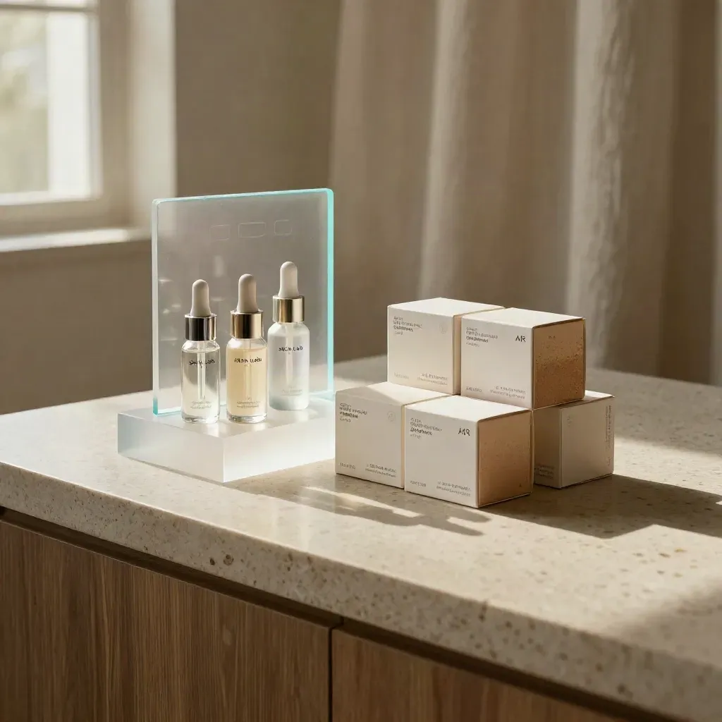 Skincare display with frosted block, scan arch, and sample cartons on travertine
