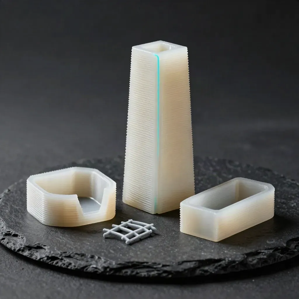 3D-printed test parts and a resin miniature on a slate slab under dramatic light