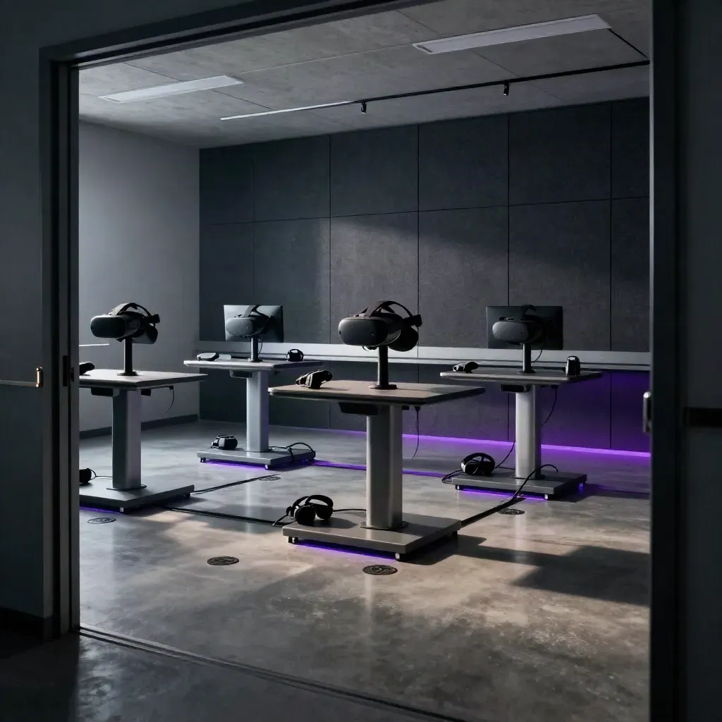 Empty VR lab with headset stands, cable runs and acoustic panel wall, seen from the doorway.